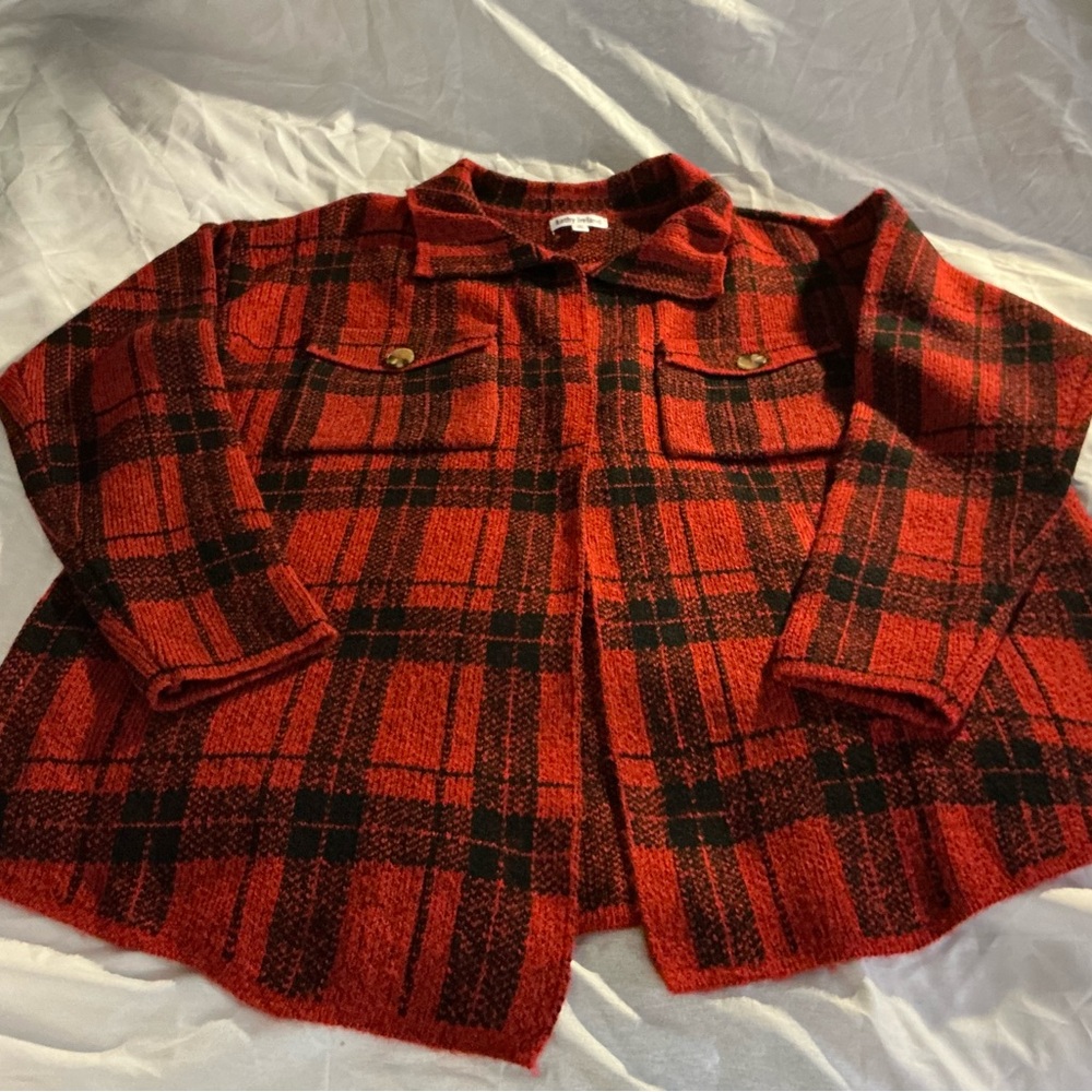 kathy ireland Red and Black Plaid Knit Shacket